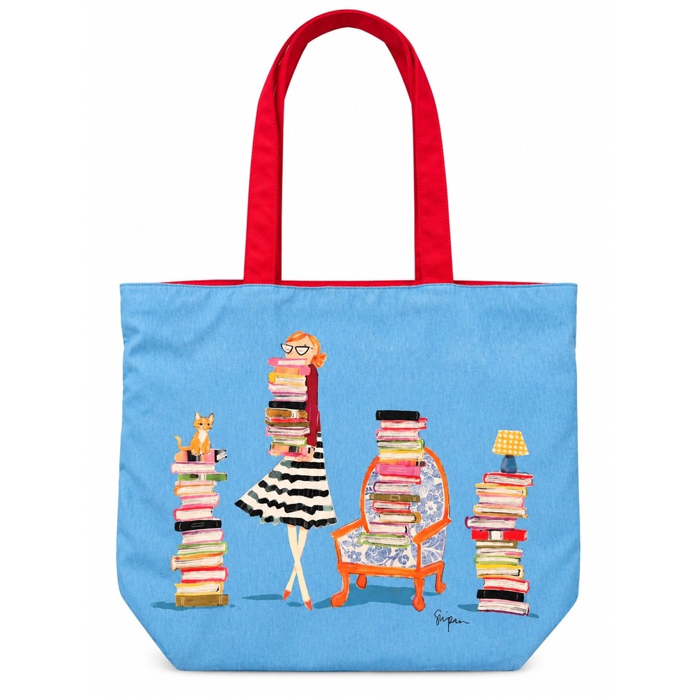 Barnes & Noble Bookworm Literary Canvas Tote Bag Blue Red Bibliophile Cat Art